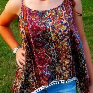 LOVE BLOSSOM Top Colorful White Turquoise Gold Pink Floral Paisley Large XLarge